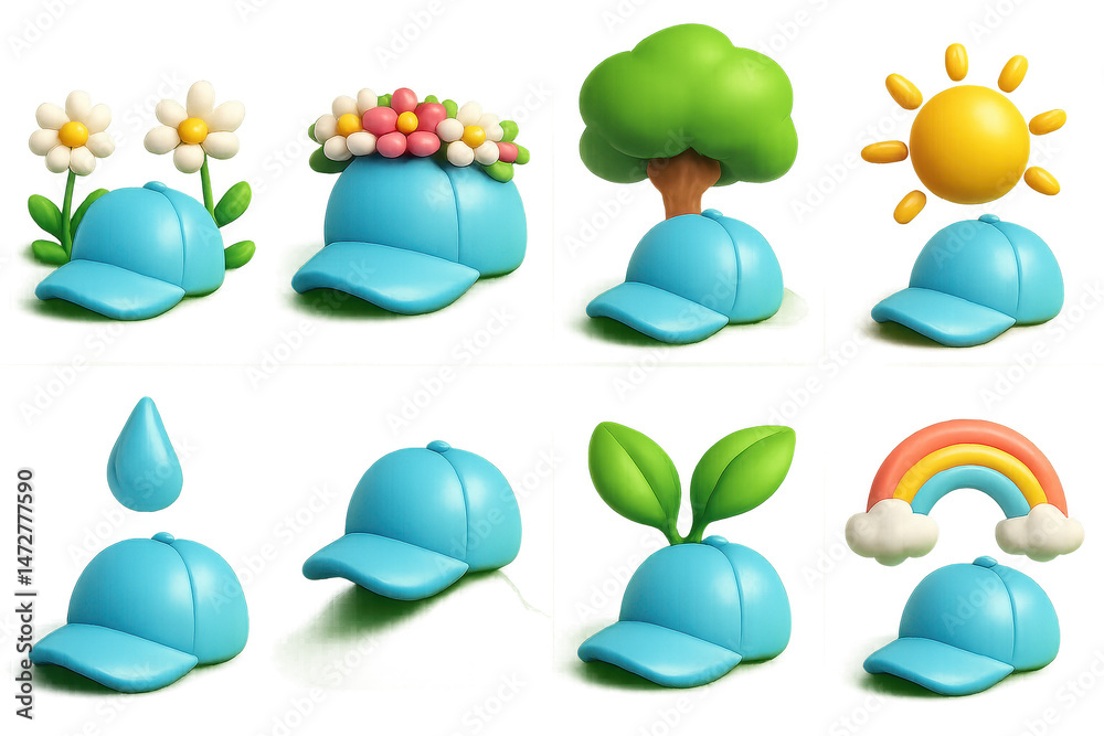 Fototapeta premium Nature-themed cap icons set – flowers, tree, sun, raindrop, leaves, rainbow. 3D icon set