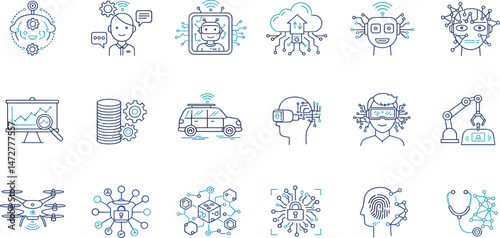 Artificial intelligence icons, such as brain, science, robot, machine learning and more. Editable stroke.