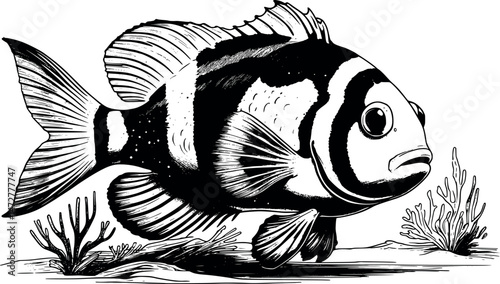 Clownfish engraving in classical style black ink on white