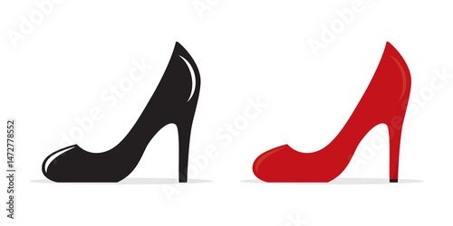 Women's high heel shoes icons set. High heel footwear, red shoes and black silhouette isolated on white background. High-heel shoes, elegance and luxury clothes.