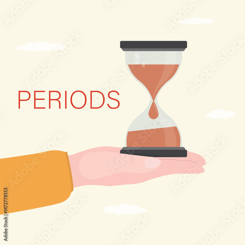 Female hand holding hourglass filled with flowing red liquid symbolizes menstrual cycles, natural rhythm of periods. Women periods PMS problem. Health care.
