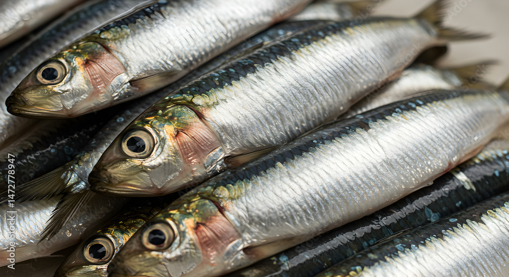 Fototapeta premium Freshly Caught Sardines Pile Displaying Silver Scales And Detailed Features