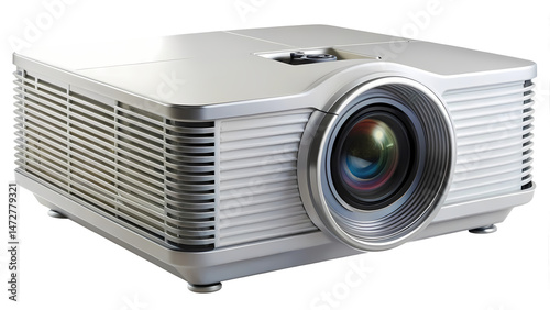 Detailed studio shot of a high quality silver video projector device