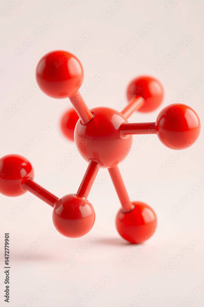 Obraz premium A red molecular model with atoms connected by bonds, representing a chemical structure.