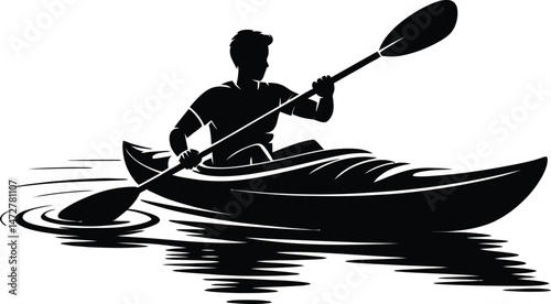 Silhouette of a man kayaking on rippling water, outdoor adventure activity