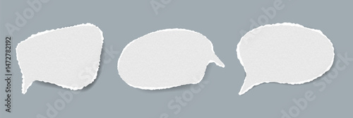 Torn paper speech bubbles isolated on grey background. Handmade white paper grunge texture. Ideal for stickers, notes, banners, quotes, scrapbooking, text highlights, poster, communication collage