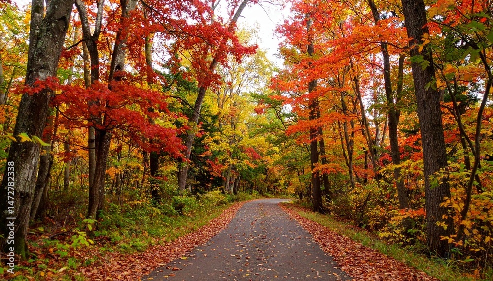 Naklejka premium A quiet path winding through a dense forest in peak autumn, with trees ablaze in shades of red, orange, and yellow, and a carpet of fallen leaves underfoot. 
