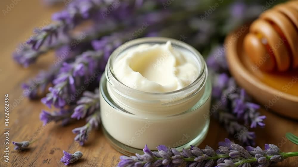 Rich whipped face cream in a natural setting with lavender and honey Rich whipped face cream in a natural setting with lavender and honey