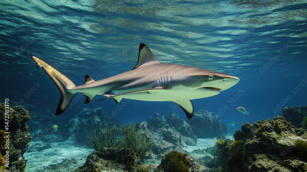 Obraz premium A sleek grey shark swims gracefully over a vibrant coral reef, its dark eyes and sharp teeth visible