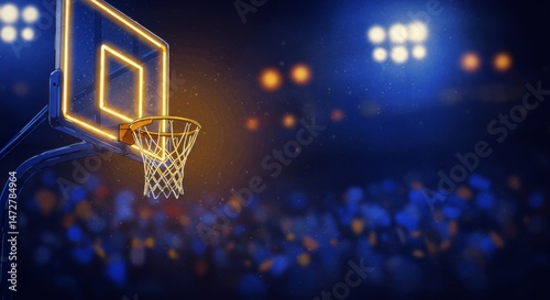 Illuminated basketball hoop against a vibrant blurred background