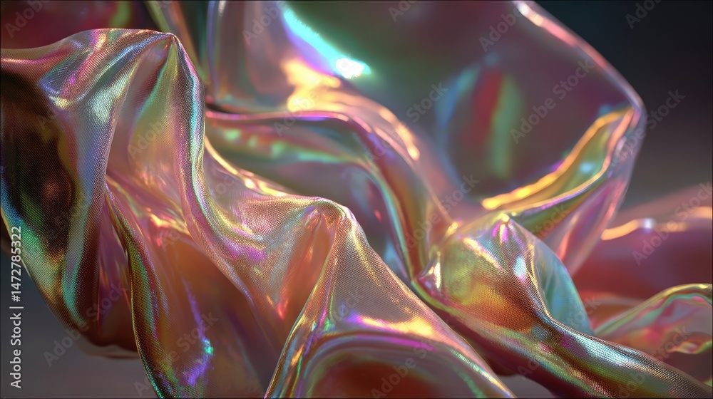 Fototapeta premium Vibrant neon reflections on iridescent silk and metal surface, perfect for artistic and modern design projects.