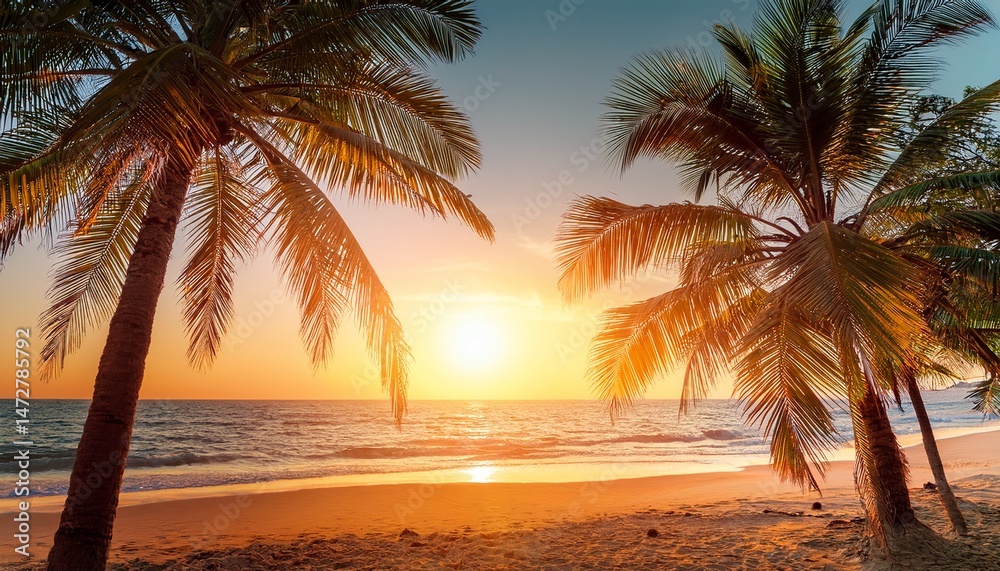 Obraz premium the warm sun is shining brightly through the palm trees on the beach
