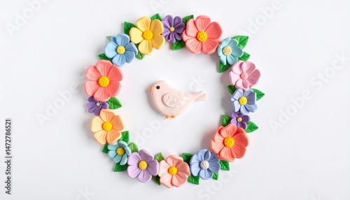 Colorful floral wreath with clay bird center on white background