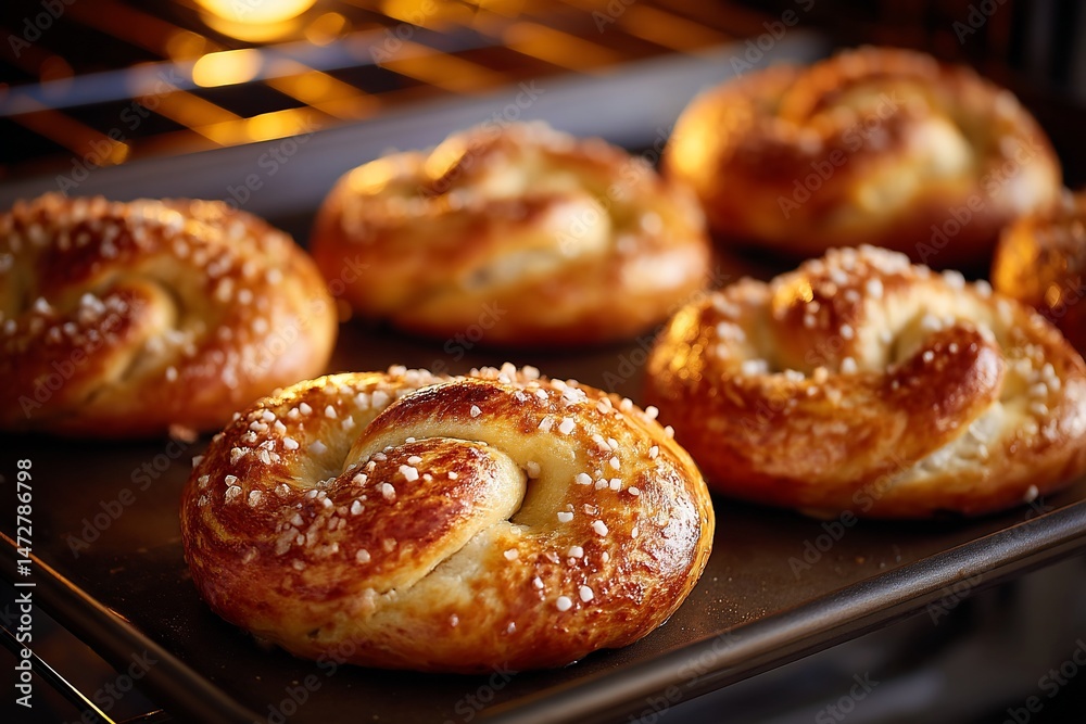 Fresh pretzels baking in oven for snacking on a dark sheet, warm light