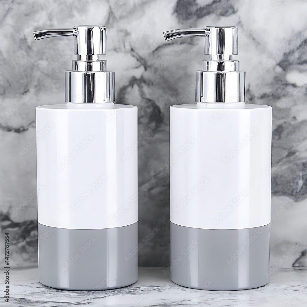 Obraz premium Elegant matching liquid soap dispensers against a textured marble backdrop