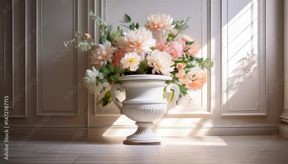 Fototapeta premium a serene white urn surrounded by delicate flowers in a softly lit indoor space