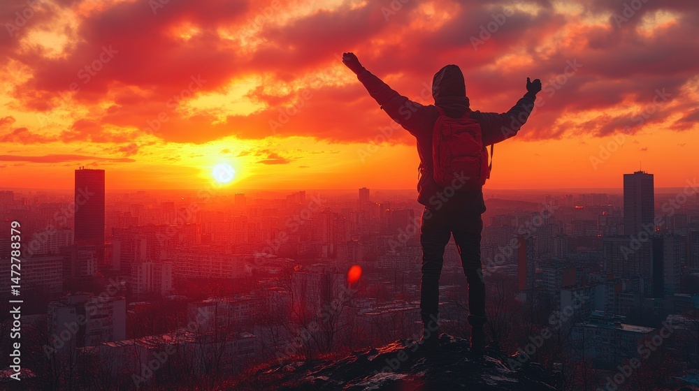 Silhouette of a person atop a hill overlooking a city at sunrise. Silhouette of a person atop a hill overlooking a city at sunrise.