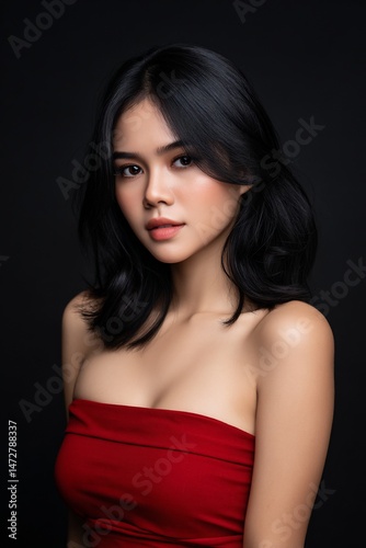 Portrait of a pretty woman posing in red top against a dark studio background