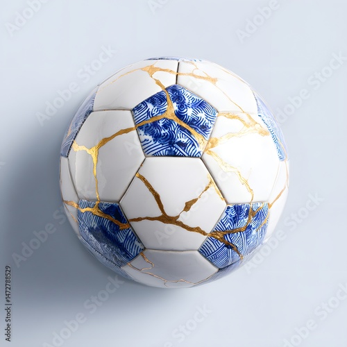 Kintsugi Soccer Ball: A captivating image of a soccer ball artfully repaired using the traditional Japanese kintsugi method, transforming imperfections into beauty with gold.