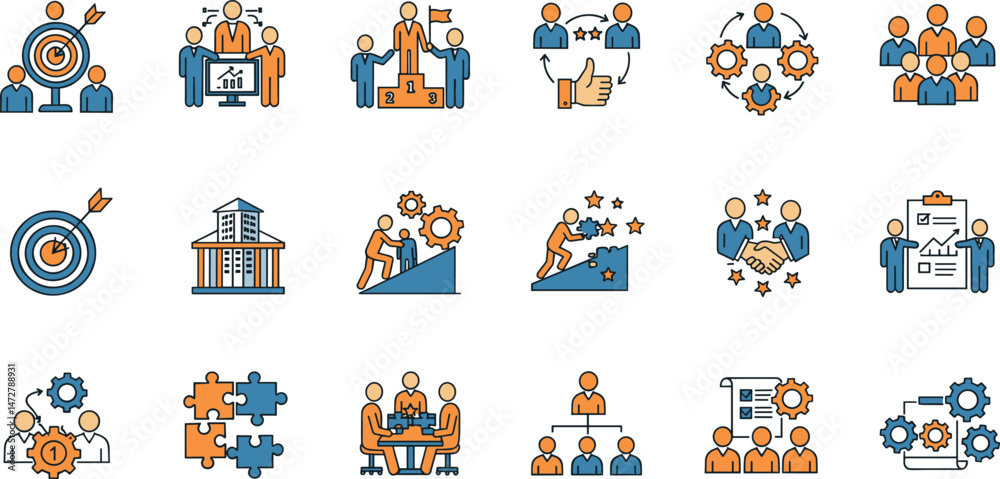 Fototapeta premium Teamwork icon set. Collection of cooperation, team target, leadership, collaboration and more. Vector illustration
