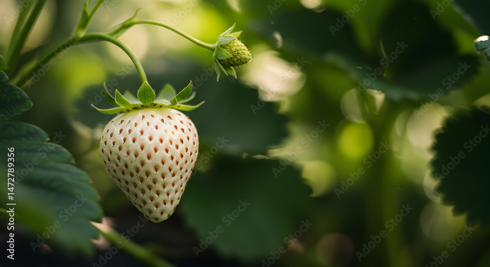 Hanging White Strawberry With Green Leaves Against a Blurred Garden Background Hanging White Strawberry With Green Leaves Against a Blurred Garden Background