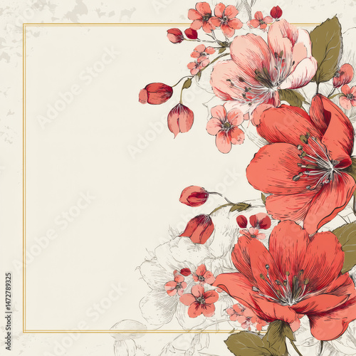 A beautiful vintage floral illustration with vibrant red blossoms and elegant artistic details.