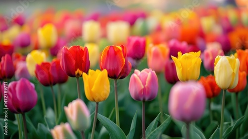 Vibrant colorful tulips fill a spring garden.