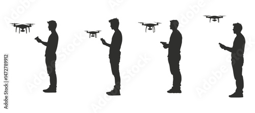 Men operating drones aerial photography technology silhouettes showcasing remote control usage and flight operation