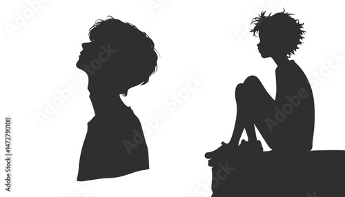 Two stylized human silhouettes against a transparent background evoke feelings of contemplation and solitude.