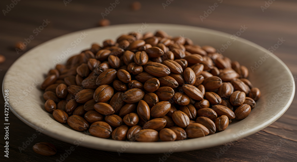 Fototapeta premium Plate Full Of Fresh Roasted Brown Pilinuts Ready To Eat On Wood Table