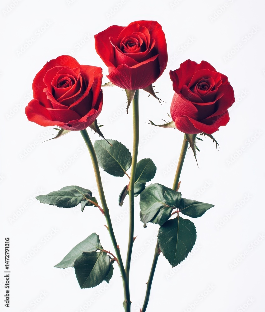Fototapeta premium Three Beautiful Red Roses with Green Leaves on a Light Background Perfect for Romantic Themes and Floral Arrangements in Various Designs and Concepts