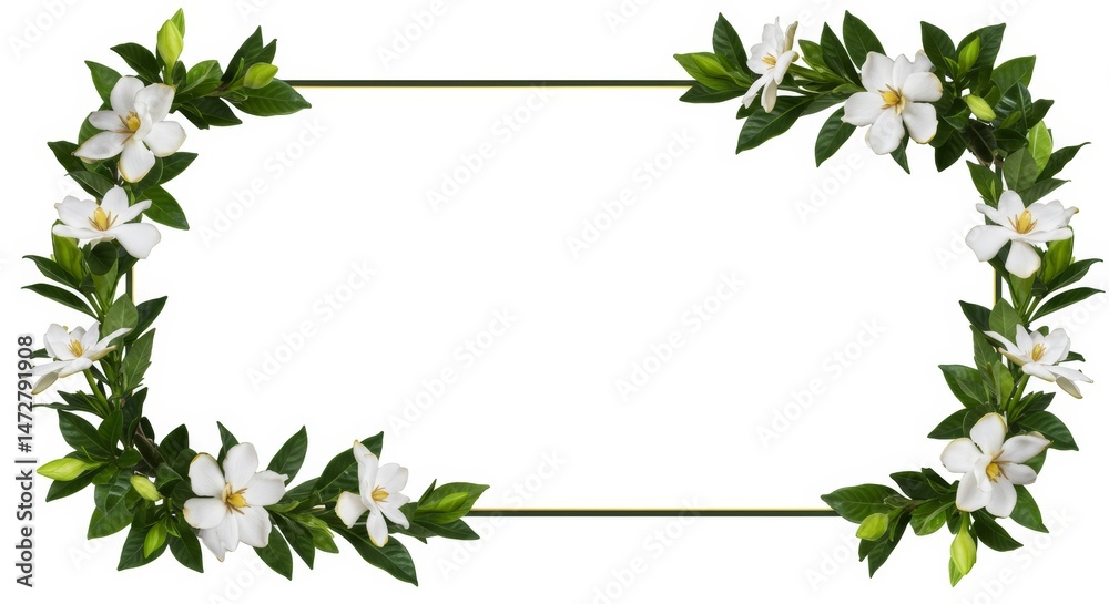 Fototapeta premium Delicate gardenia blossoms frame a pristine white canvas with fresh greenery