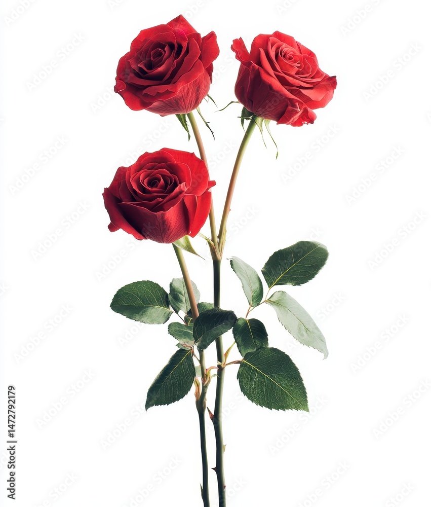 Fototapeta premium Three Elegant Red Roses with Lush Green Leaves on a White Background for Floral Design and Romantic Themes