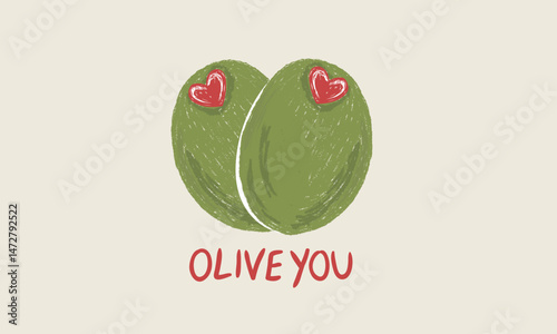 Twins olive love. Green olive artwork for t shirt print, poster, sticker and other uses. Olive wall art.