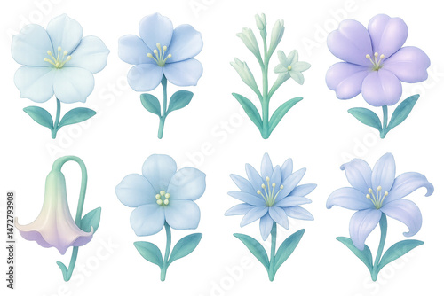 Y2k floral icons set – blooms, petals, lily, bellflower, starflower. 3D icon set
