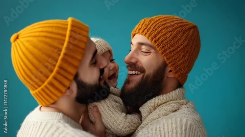 Smiling father shares warm moment with baby in cozy winter attire against blue backdrop