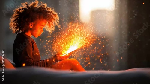 Child interacts with glowing device in cozy urban setting during sunset