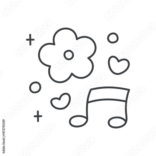 Cute floral illustration. Charming design of flower, musical note, little hearts and sparkles. Hand drawn monochrome illustration isolated on a white background. Kawaii sticker. Vector 10 EPS.