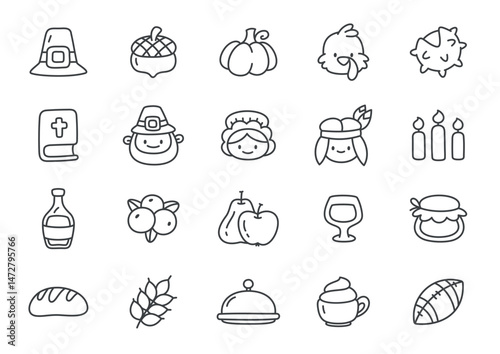 Cute Thanksgiving day icon set. Collection of hand drawn illustrations isolated on a white background. Kawaii autumn holiday stickers. Vector 10 EPS.