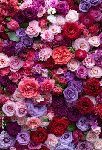 Vibrant and Colorful Floral Background with a Variety of Roses and Blooms Creating a Stunning and Rich Display of Nature's Beauty