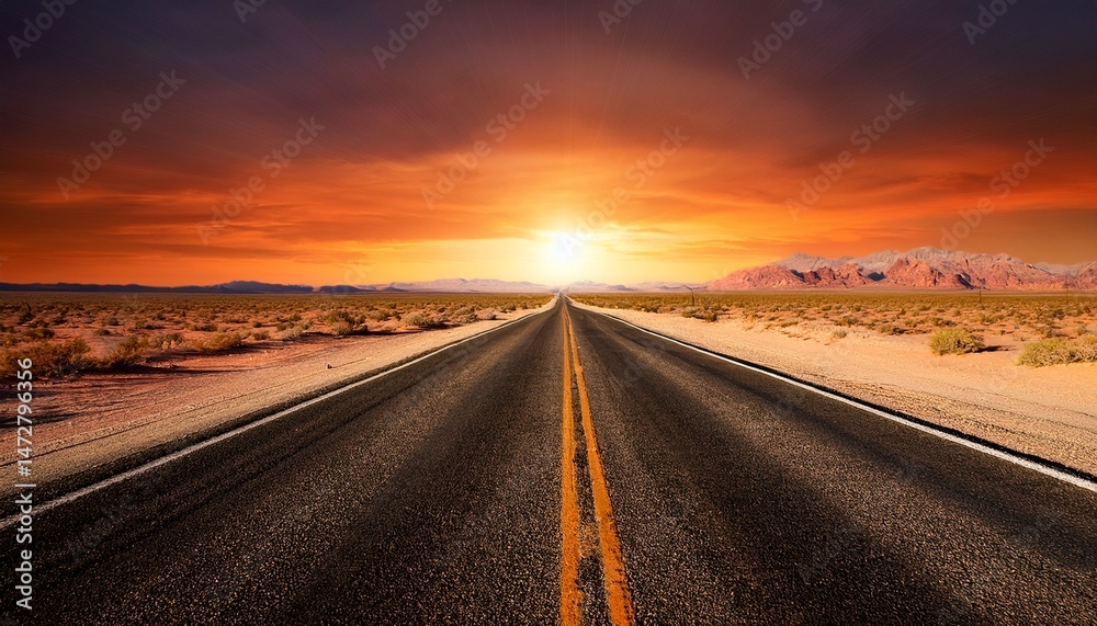 Naklejka premium of a endless desert road stretching towards a golden horizon under a deep orange summer sky