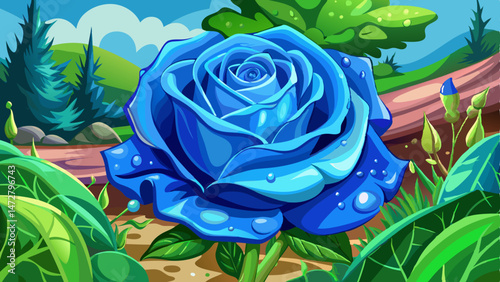 blue rose with dew drops in garden at a tilt angle