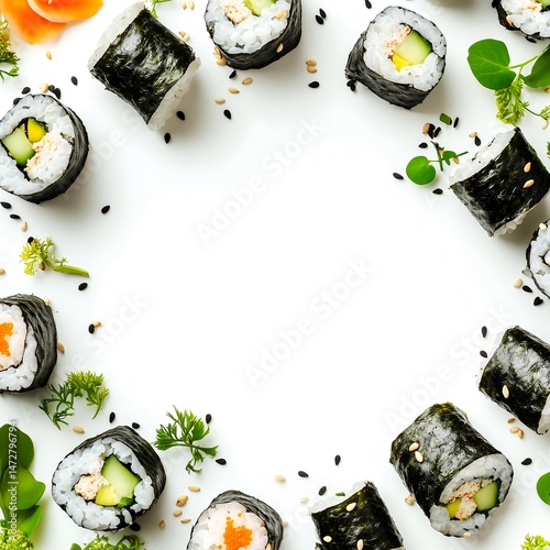 Sushi Rolls: Maki Roll Japanese Cuisine with Seafood and Vegetables in Culinary Art Presentation