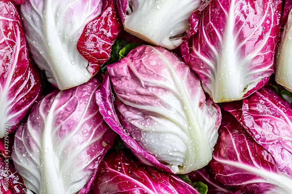 Obraz premium Close-up of red radicchio leaves with water droplets. Freshly harvested vegetables in vibrant red and white colors. A healthy and visually appealing ingredient.