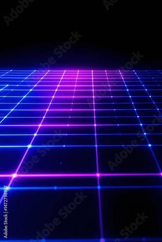 Neon grid with glowing blue and purple lines creating a futuristic digital pattern.