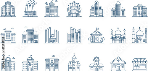 Building icon set. Collection of house, home, store, office, apartment and more. Vector illustration
