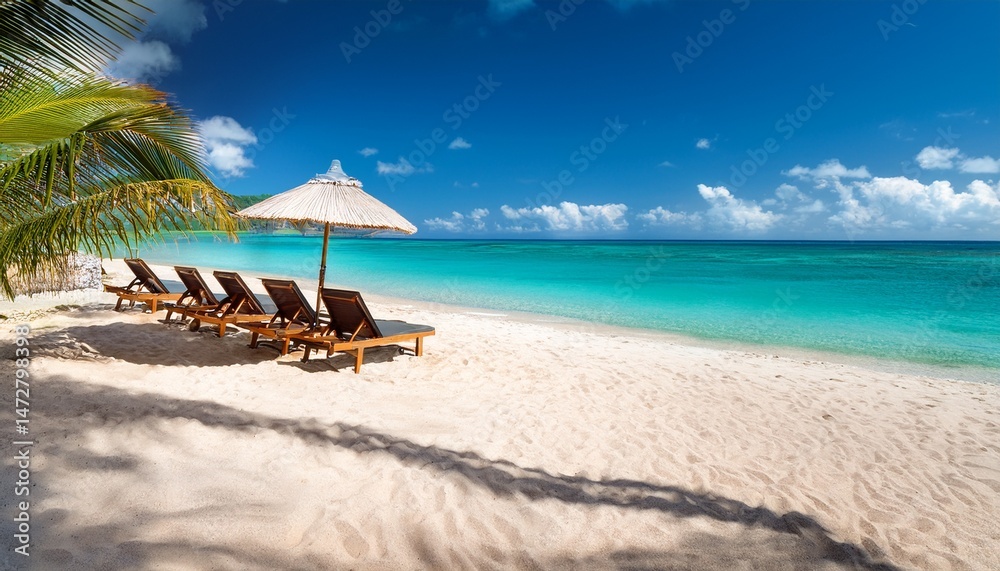 Fototapeta premium scenic tropical beach paradise with sunbeds umbrellas and turquoise water