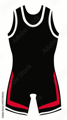 Black wrestling singlet with red and white trim flat minimalist vector design athletic sports uniform gear for wrestlers outfit