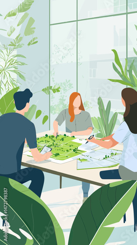 Urban planners collaborating on green space design with architectural models and landscape plans in modern office with plants and large windows