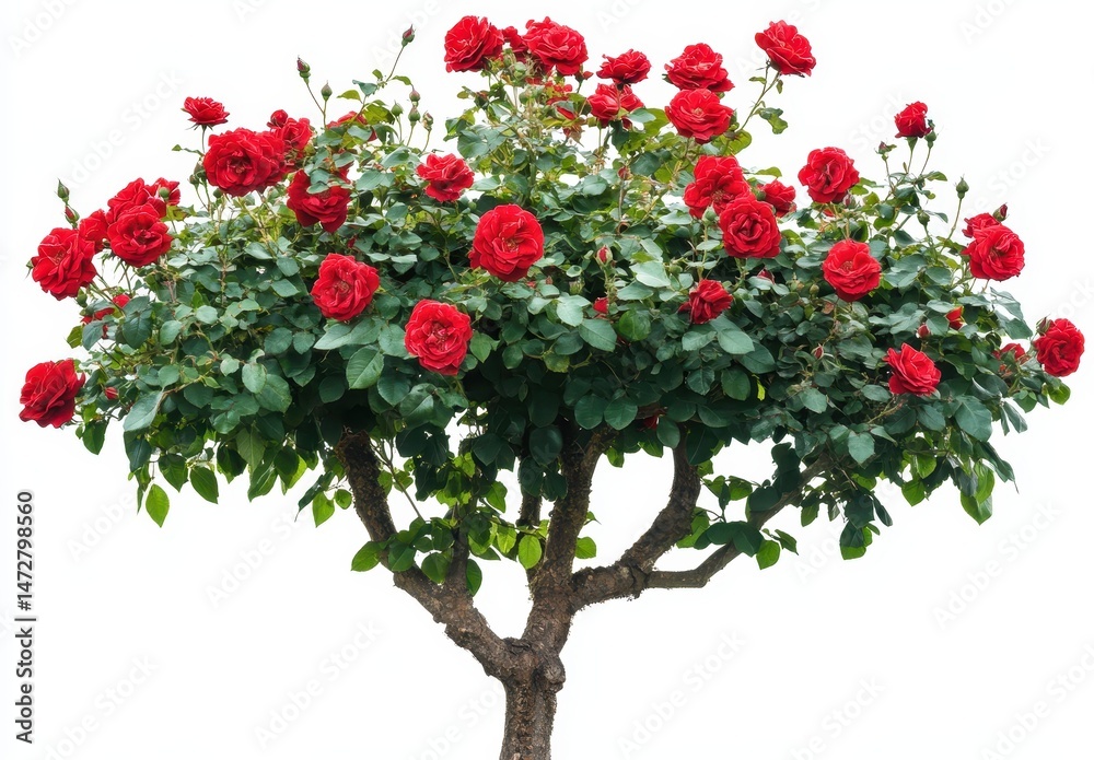 Naklejka premium Vibrant Red Roses in Full Bloom on a Robust Tree with Lush Green Foliage Against a White Background for Floral Decorations and Garden Designs